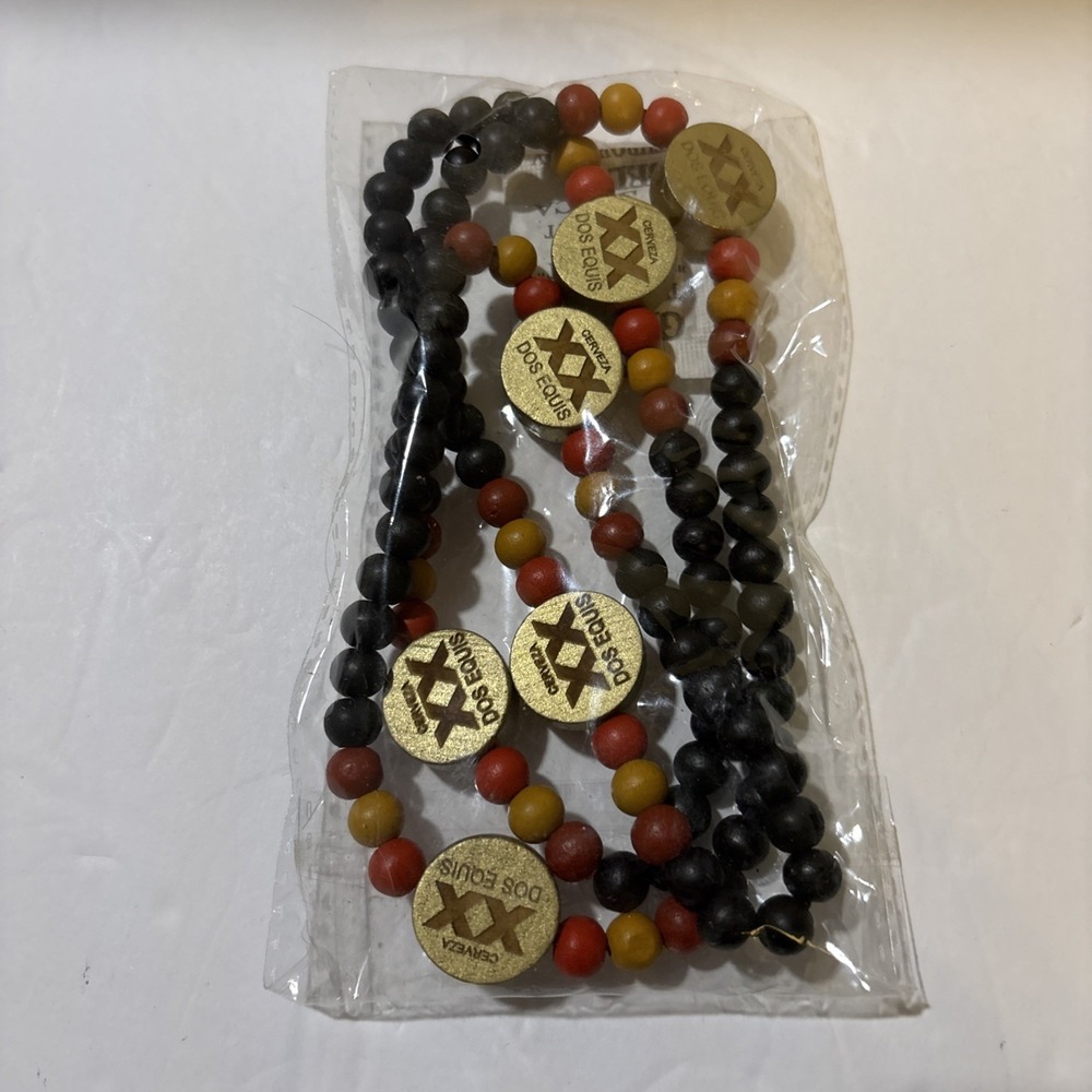Dos Equis XX Cerveza Beer Mardi Gras Style Wood Beaded Promotional Necklace Rare